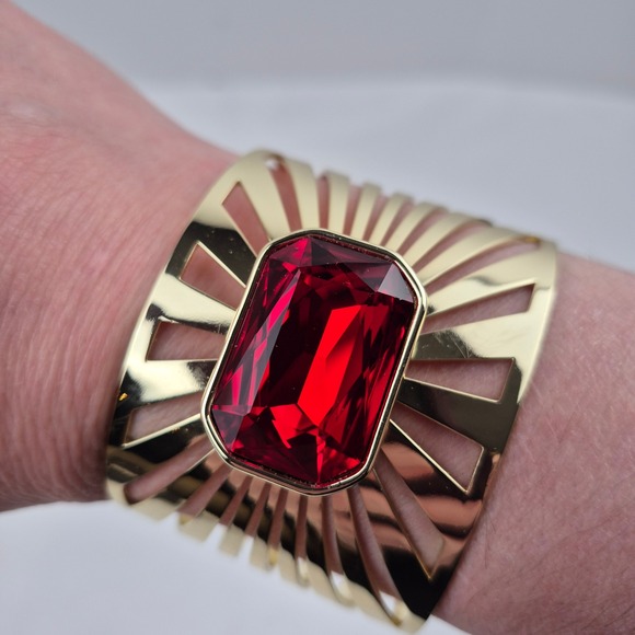 Jewelry - Heidi Daus Sunray Goldtone Octagonal Stone Cuff Bracelet Red Art Deco Style NWOT